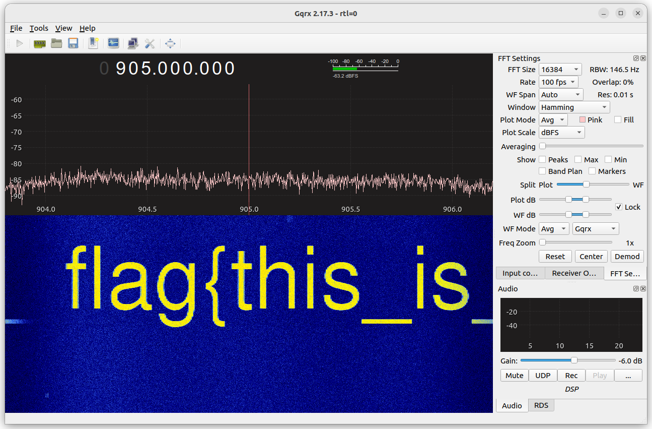 Screenshot of Gqrx, showing "flag{this_is_" in the waterfall