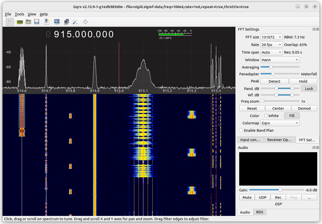 Screenshot of Gqrx receiving signals from the "Signal identification" challenge