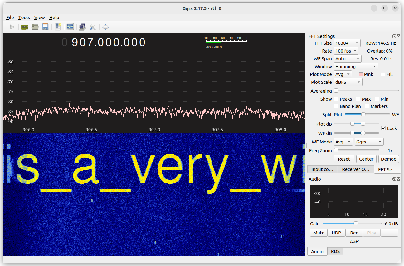 Screenshot of Gqrx, showing "is_a_very_wi" in the waterfall